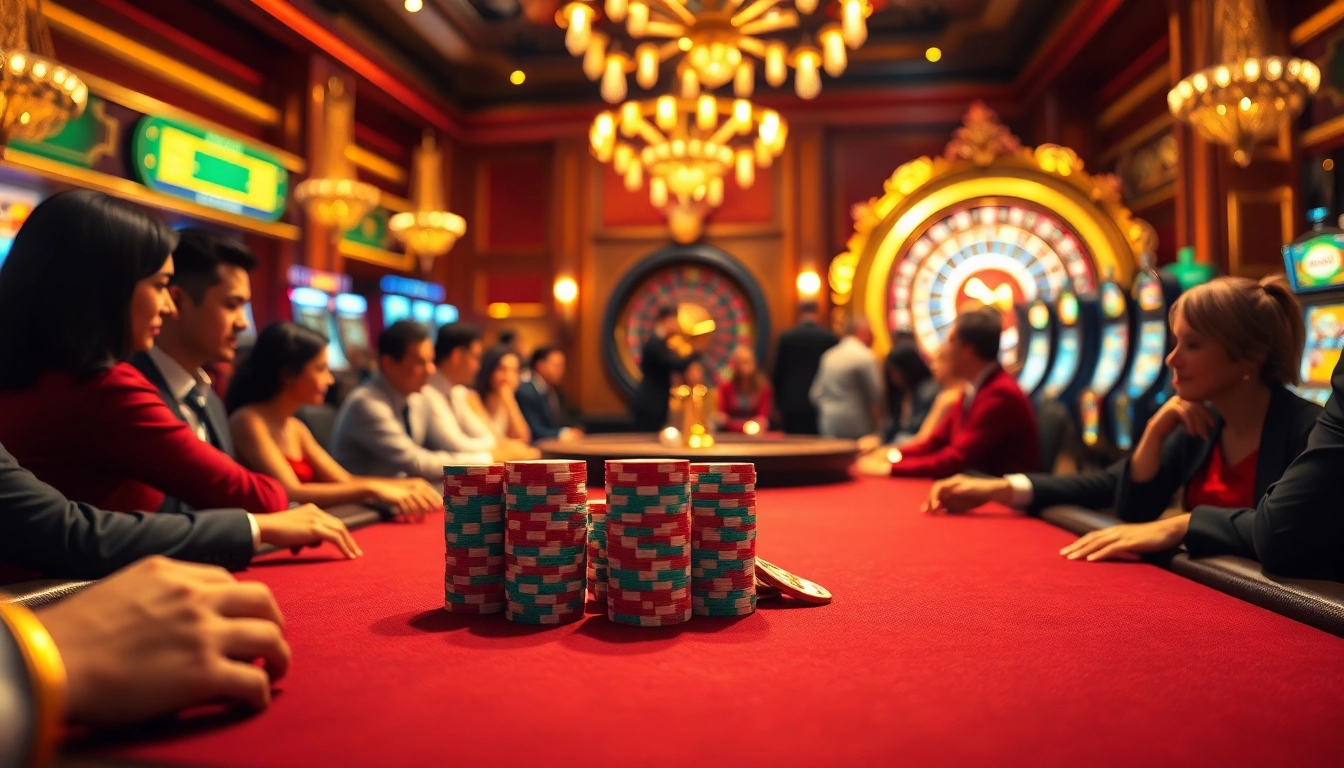 In the casino's vibrant atmosphere, players enjoy a thrilling game at the go 8 poker table, surrounded by exciting slot machines.