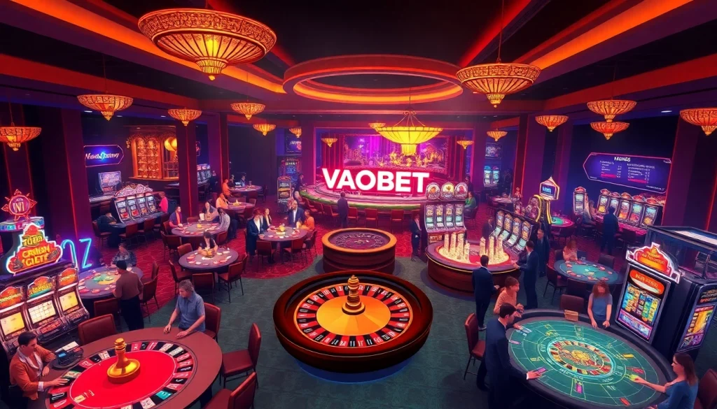 VAOBET casino scene featuring players at roulette, poker, and slot machines in an exciting setting.