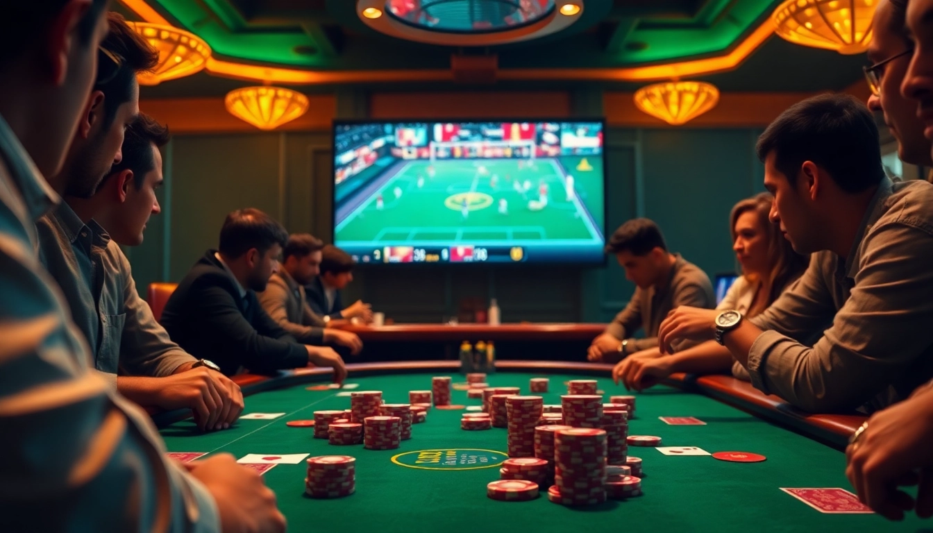 Gambling scene of players engaging in poker while a digital screen shows trực tiếp bóng đá live betting options.