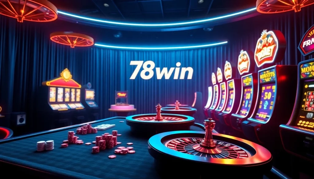 Experience thrilling online gaming at 78win with vibrant casino tables, slots, and poker chips.