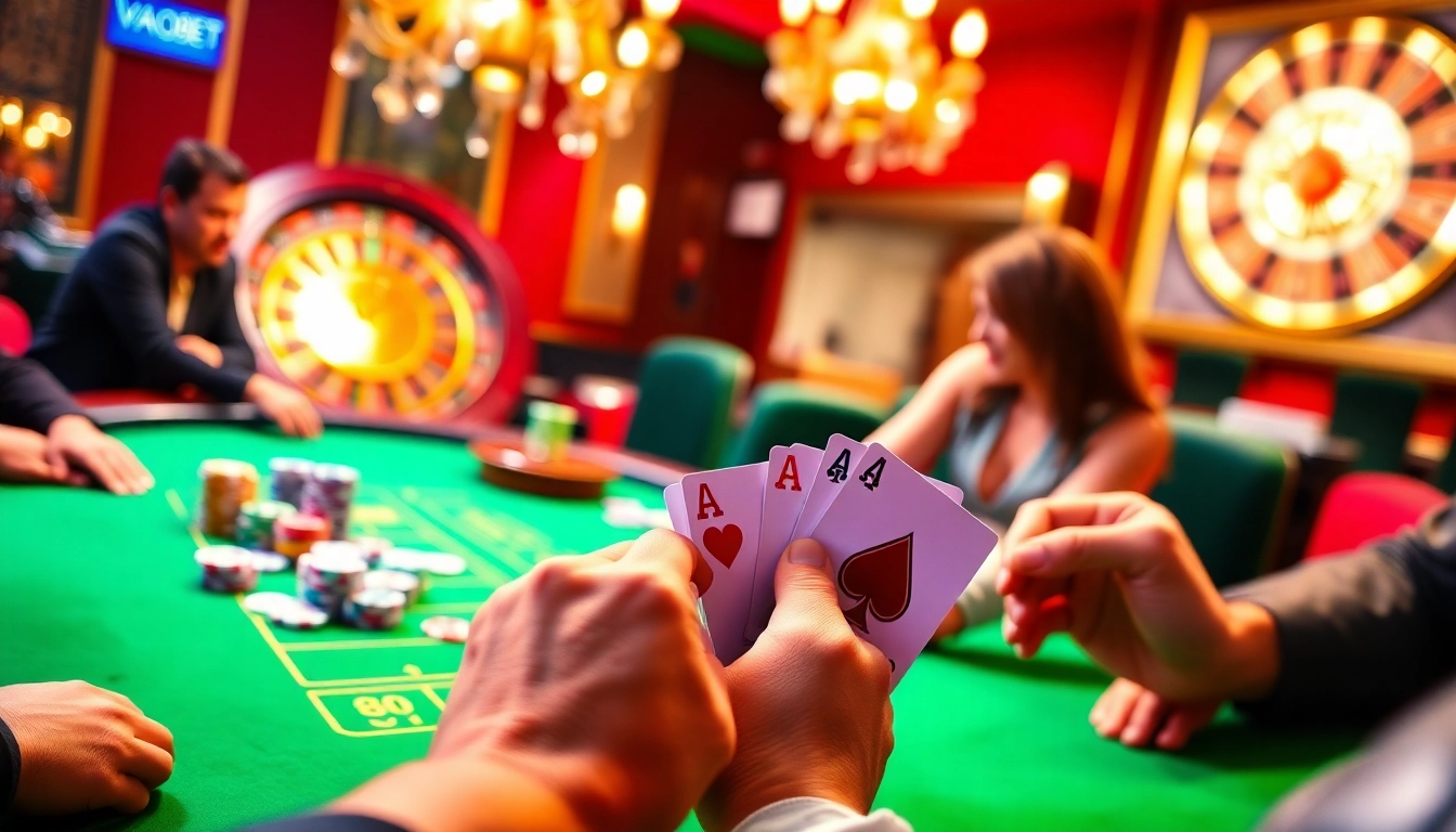 Players place their bets at a lively VAOBET poker table, showcasing the thrill of the game.