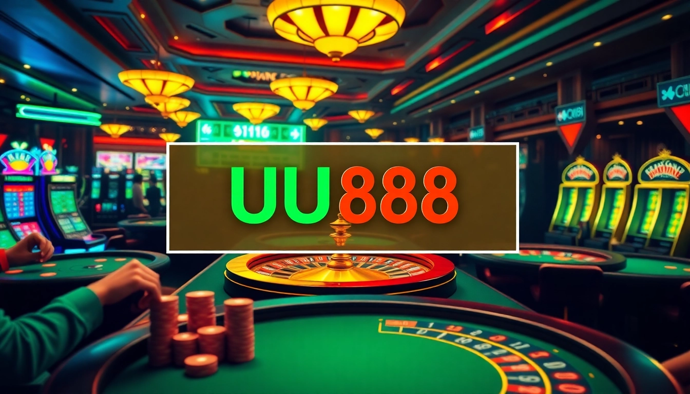 UU88 online casino players surrounded by poker chips, vibrant slot machines, and roulette wheels in a lively gaming atmosphere.