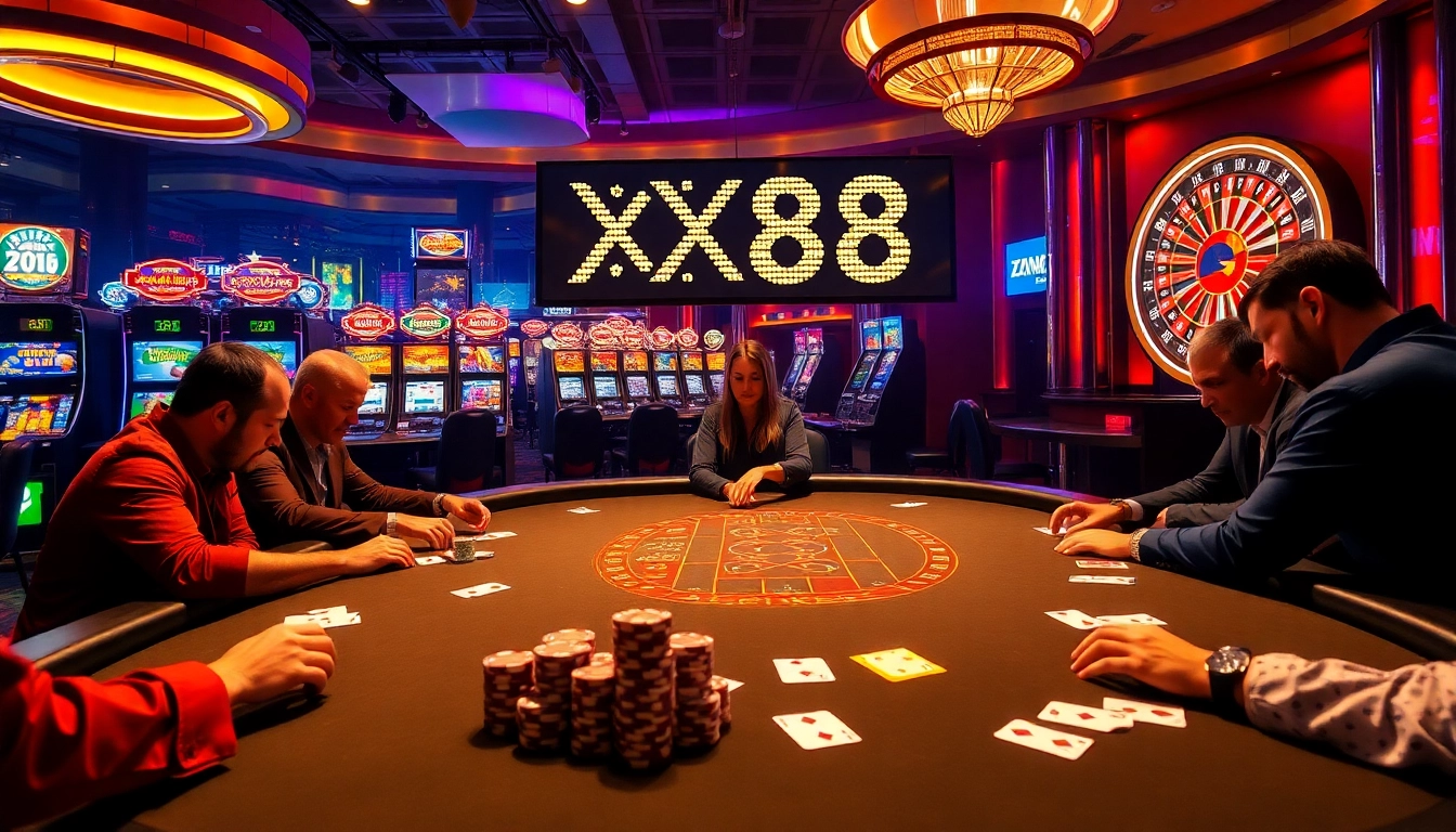 Exciting XX88 blackjack table scene with vibrant colors, chips, and players' focus.