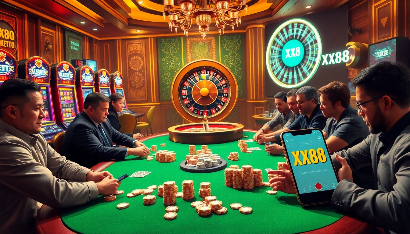 Exciting scene of gamblers at the XX88 poker table with chips and cards.