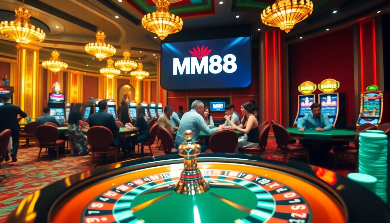 Exciting MM88 casino atmosphere with players enjoying roulette and poker games.