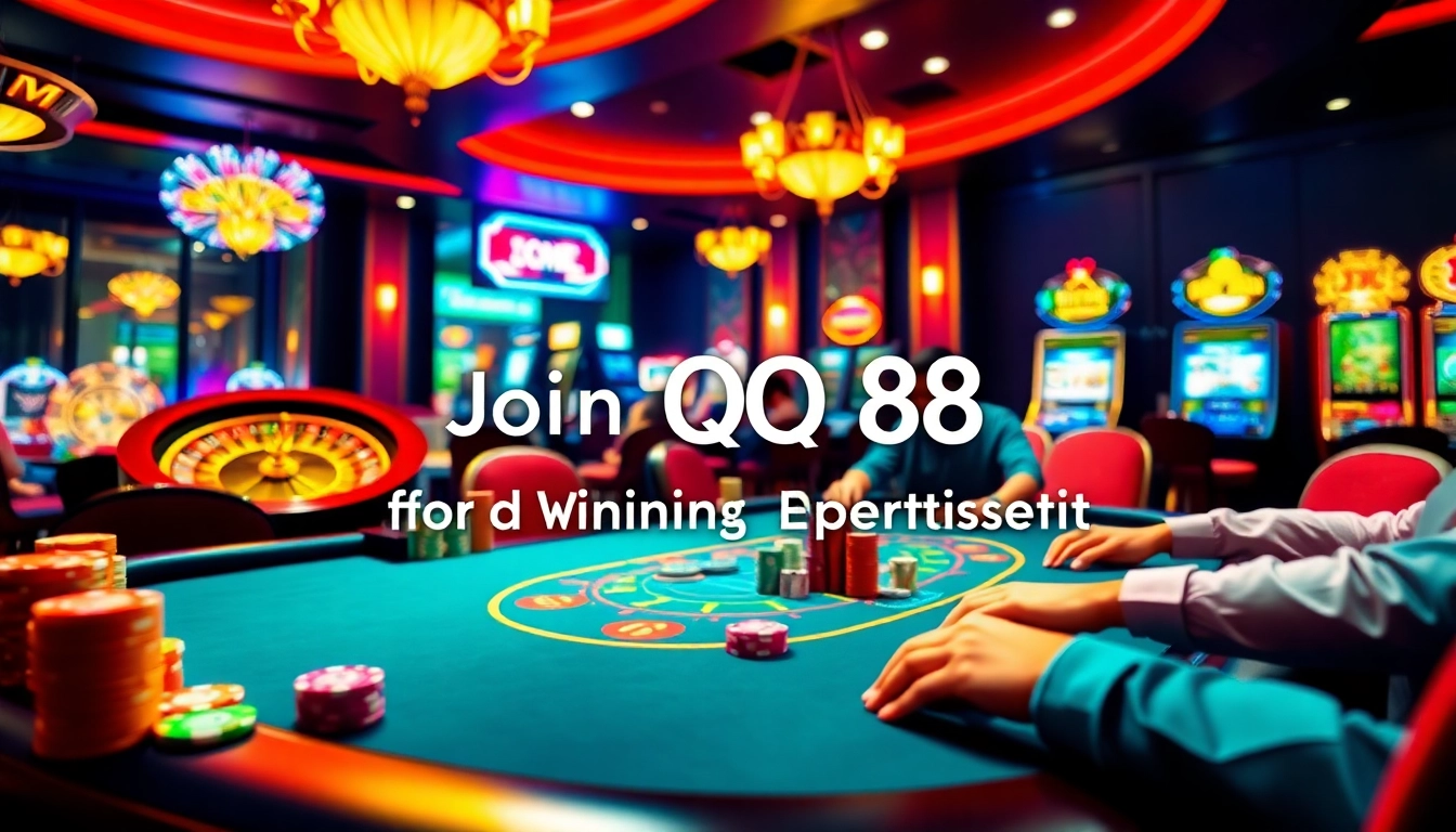 Experience the excitement of QQ88 with players at a poker table, vibrant casino ambiance.
