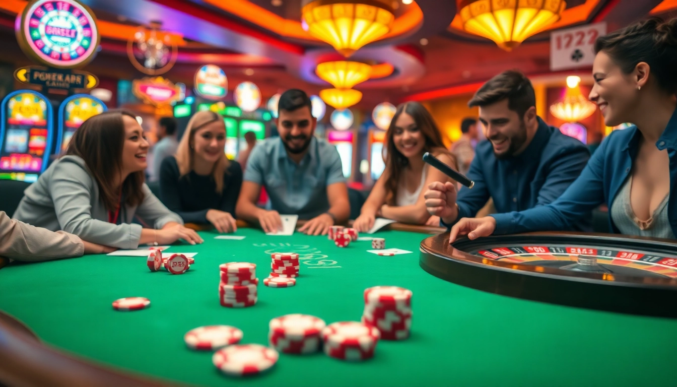 Players at a GGSS-branded casino poker table celebrate their thrilling wins during an exciting gambling night.