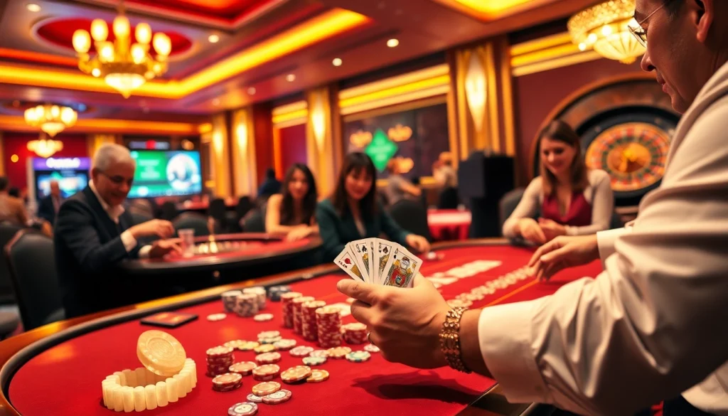 Players at a vibrant poker table in a luxurious casino setting at 888new, showcasing thrilling gameplay and excitement.