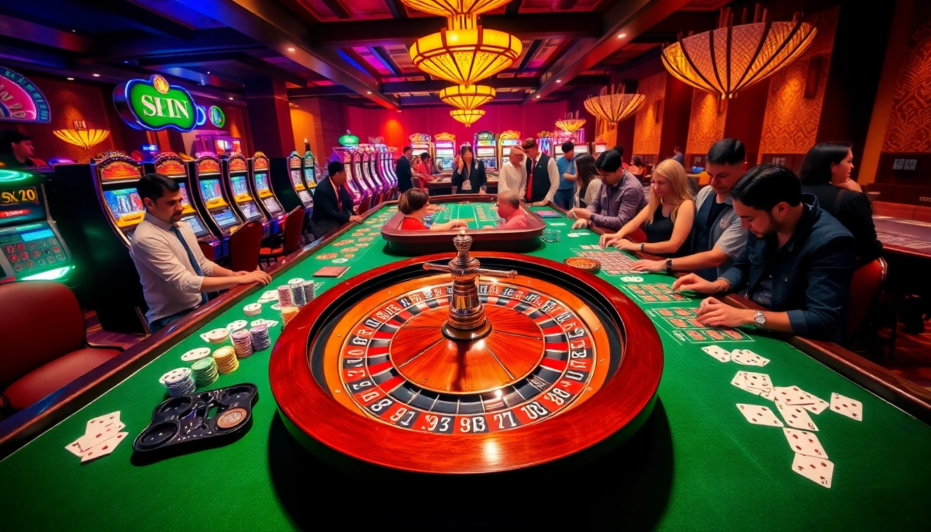 Experience intense gambling action at https://shbetb0.com/ with players engaged at a roulette table surrounded by vibrant slot machines.