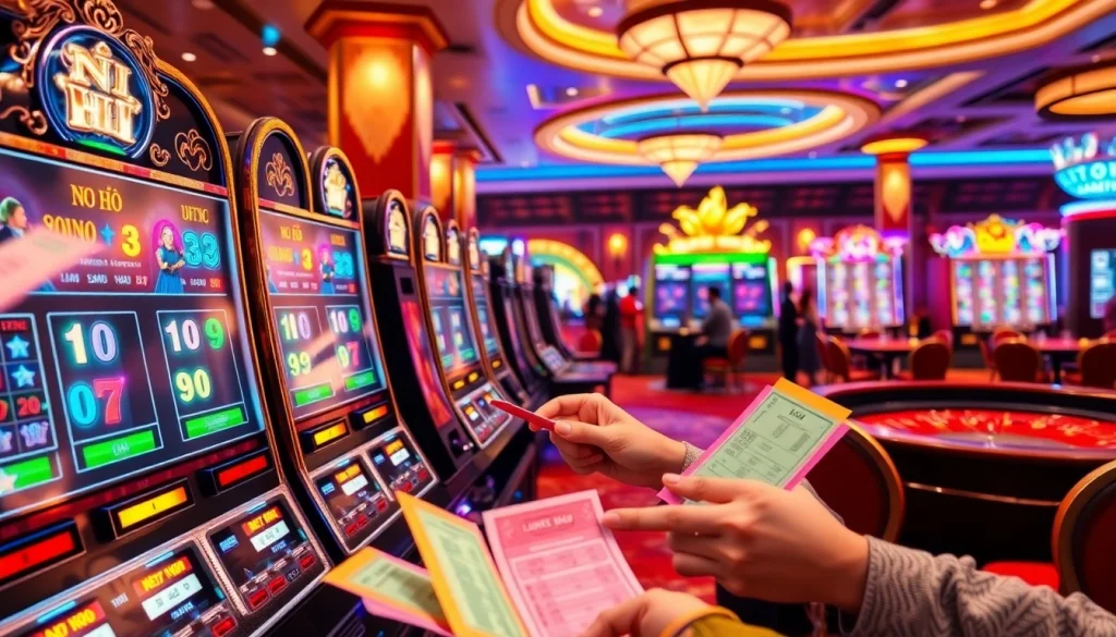 Experience the excitement of Nổ Hũ spin as players engage with bright slot machines and colorful betting slips in a lively casino setting.