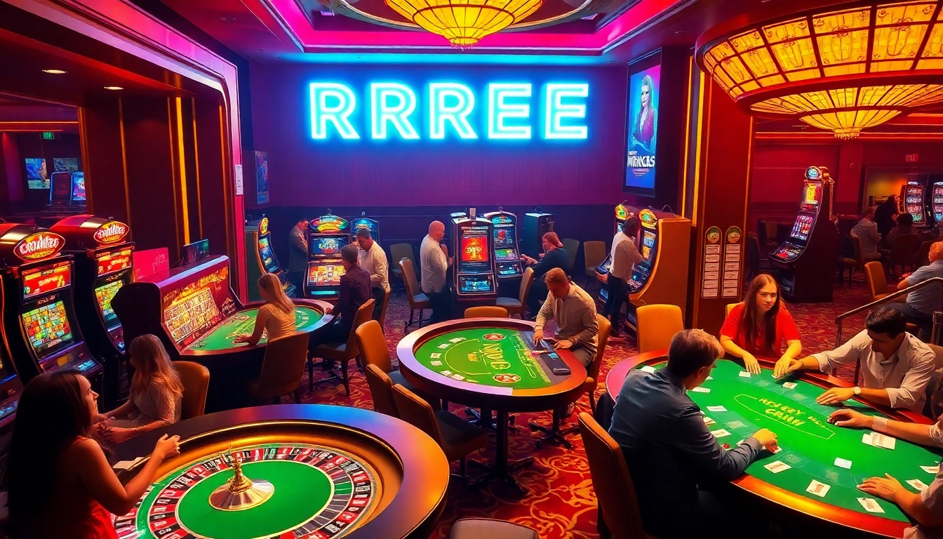 RREE casino scene featuring players engaging passionately at tables and slot machines, showcasing a lively gambling atmosphere.