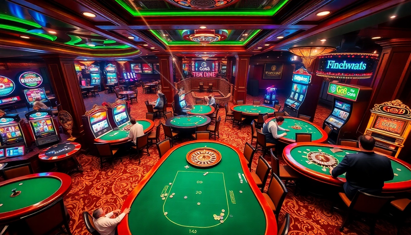 "Experience the thrill of a Go8 casino atmosphere with players at poker tables, vibrant slot machines, and roulette wheels."