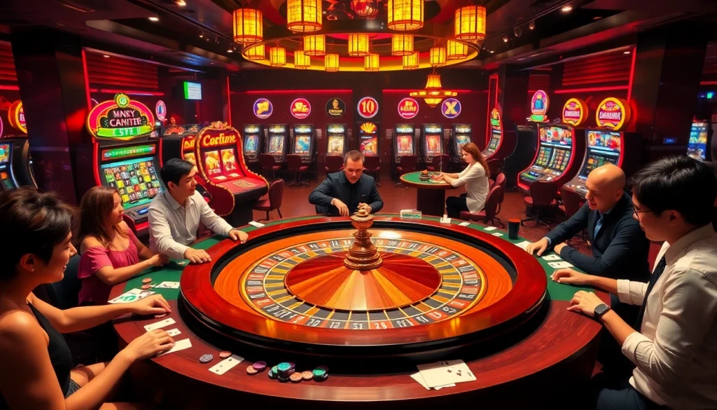 Experience the excitement of top 10 nhà cái uy tín as players win at a bustling casino full of roulette tables and slot machines.