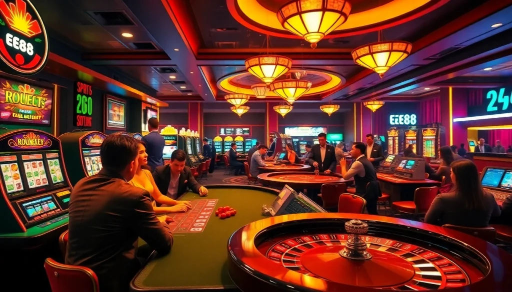Players engaged in thrilling games at EE88 Casino, showcasing a vibrant poker table, colorful slot machines, and a lively atmosphere.